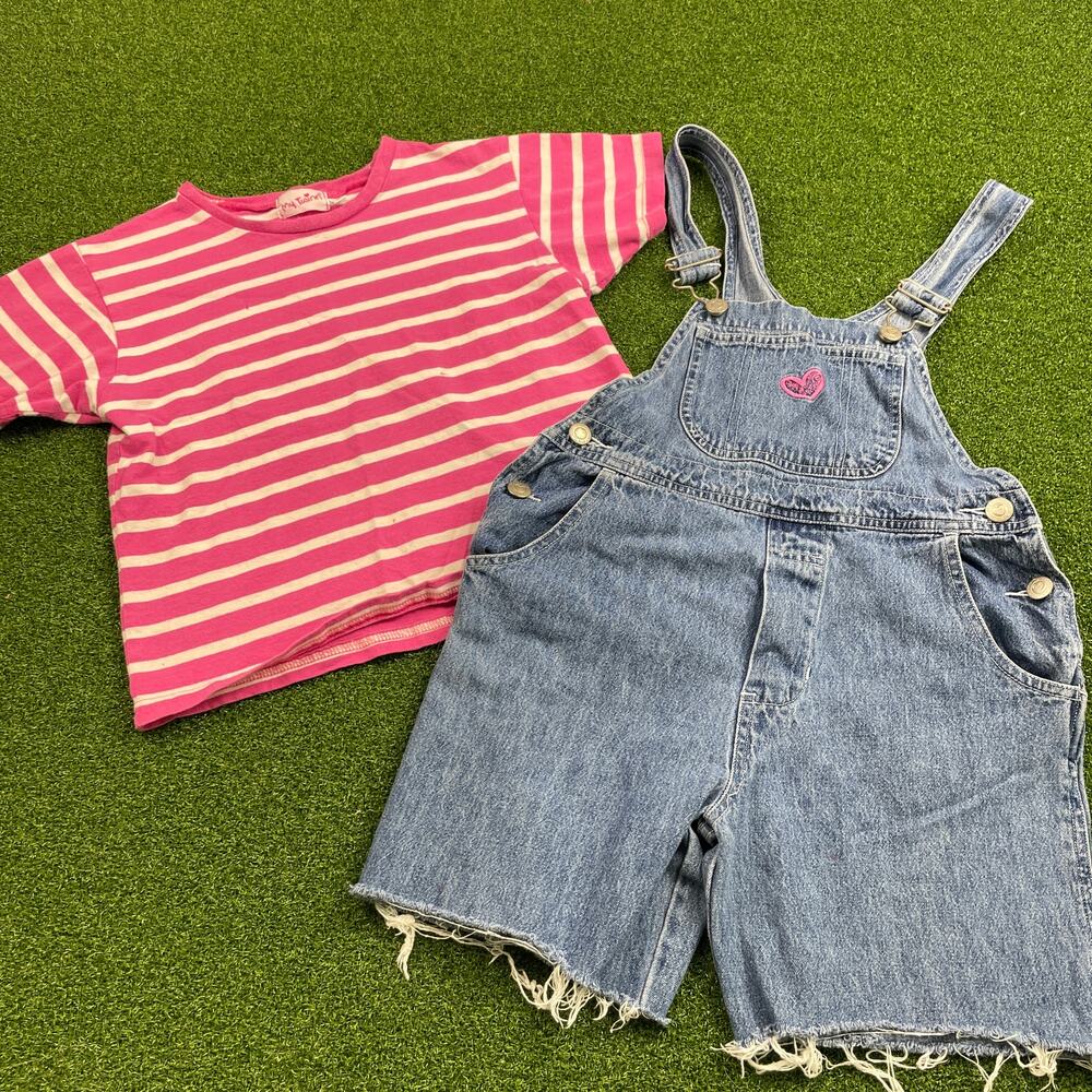 My Twinn Girls Outfit Set Pink Striped Shirt and Denim Shortalls Sz M 7-8